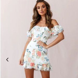 BOBBY BARDOT NECKLINE PUFF SLEEVE DRESS FLORAL PRINT WHITE